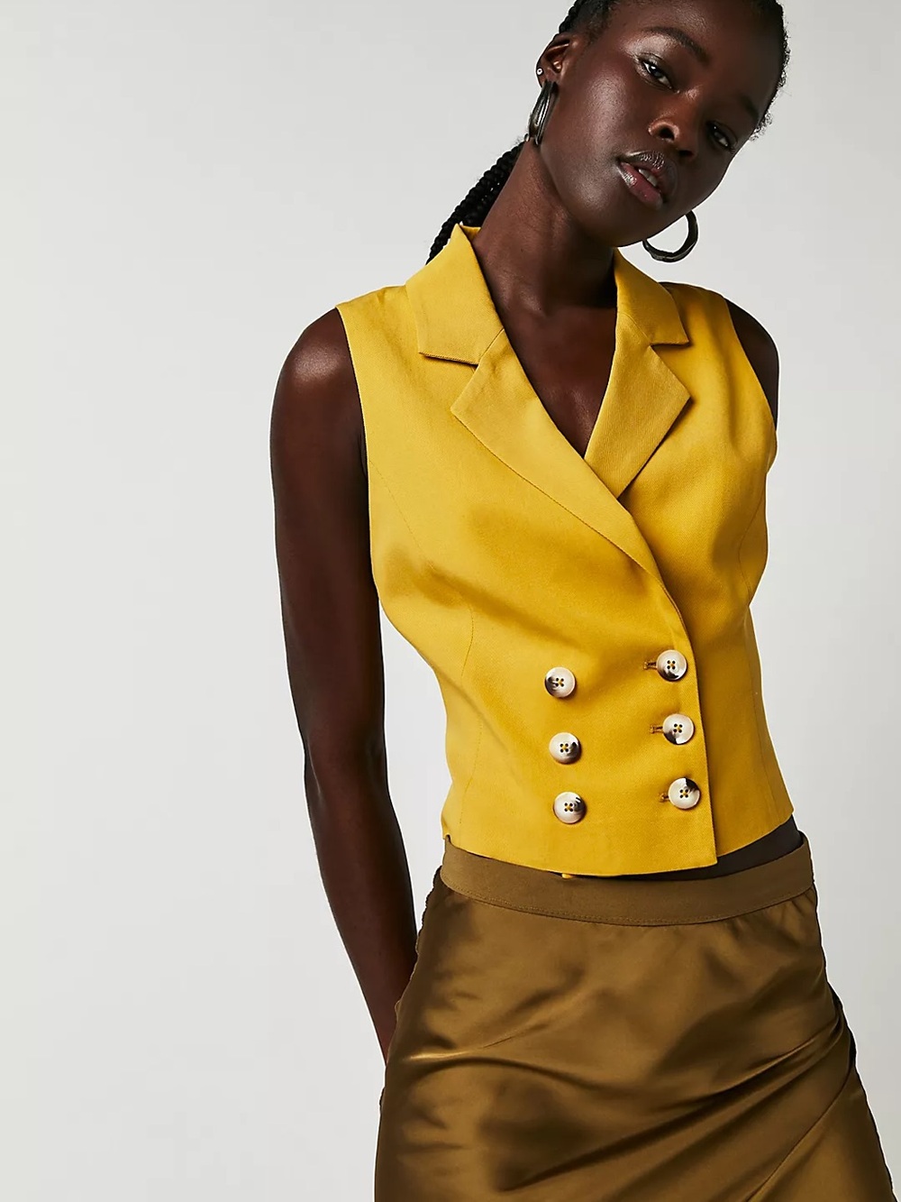 Free People Gabbie Sleeveless Double-Breasted Vest in Mustard Yellow Small
